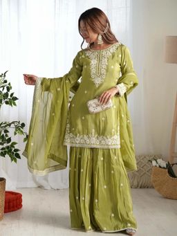 Wedani - Women's Green Embroidered Silk Kurti with Sharara & Dupatta