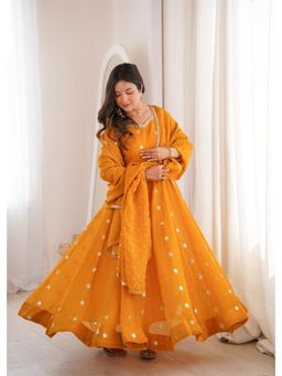 Wedani - Women's Mustard Embroidered Silk Anarkali Kurta with Pant & Dupatta