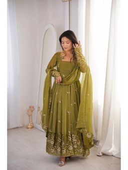 Wedani - Women's Olive Embroidered Silk Anarkali Kurta with Pant & Dupatta