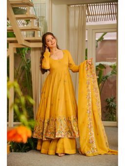 Wedani - Women's Mustard Embroidered Silk Anarkali Kurta with Sharara & Dupatta