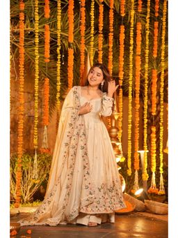 Wedani - Women's Beige Embroidered Silk Anarkali Kurta with Sharara & Dupatta