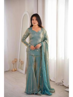 Wedani - Women's Blue Embroidered Silk Top with Sharara & Dupatta