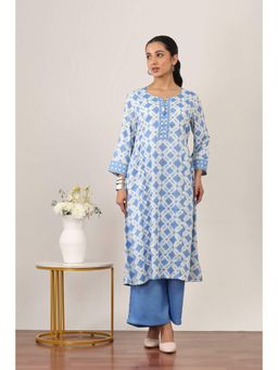 Rangriti - Women's Blue Printed Viscose Blend Kurta with Palazzo