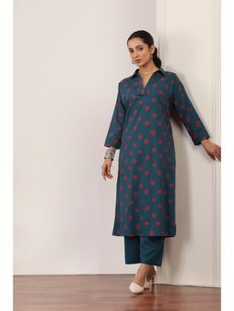 Rangriti - Women's Teal Printed Cotton Kurta with Palazzo