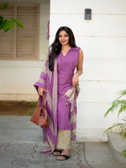 Vastara TheLabel - Women's Purple Woven Handloom Cotton Khadi Kurta with Pant & Dupatta