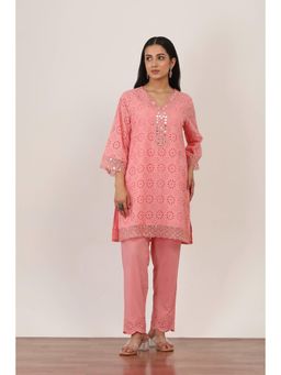 Rangriti - Women's Peach Self Design Cotton Kurti with Pant