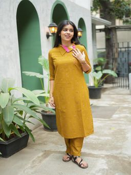 Vastara TheLabel - Women's Mustard Geometric Handloom Cotton Khadi Co-Ord Set