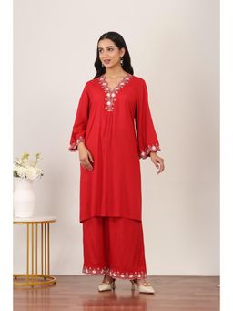 Rangriti - Women's Red Floral Rayon Kurta with Palazzo