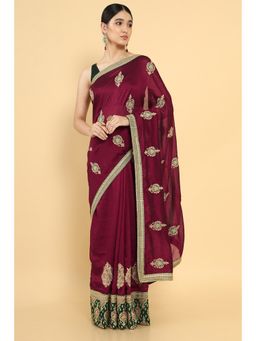 Soch - Women Maroon Silk Embroidery Saree with Unstitched Blouse