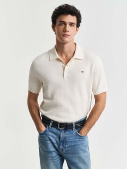 GANT - Men Cream Textured Cotton Polo T-Shirt