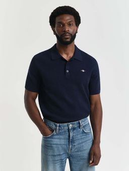 GANT - Men Blue Textured Cotton Polo T-Shirt