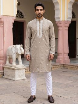 Jompers - Men Japanese Imported Beige Embroidered Kurta and Pyjama