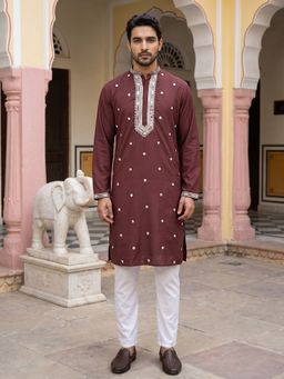 Jompers - Men Japanese Imported Maroon Embroidered Kurta and Pyjama