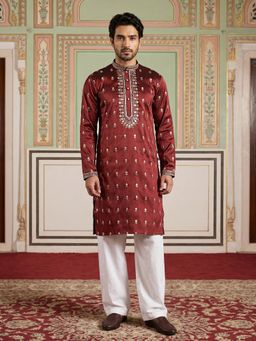 Jompers - Silk Blend Maroon Embroidered Kurta and Pyjama