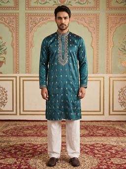 Jompers - Silk Blend Navy Blue Embroidered Kurta and Pyjama