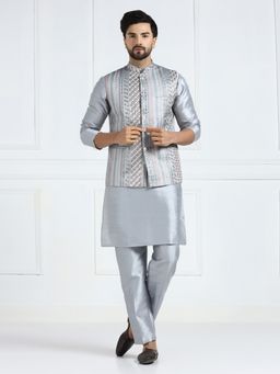 TAHVO - Mens Grey Embroidered Jacket Kurta and Pant