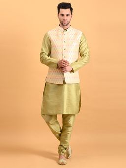 Uri and MacKenzie - Men Green Silk Kurta and Pyjama with Nehru Jacket