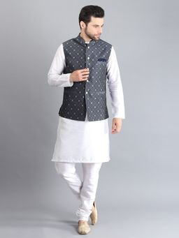 Uri and MacKenzie - Men Grey Silk Kurta and Pyjama with Nehru Jacket