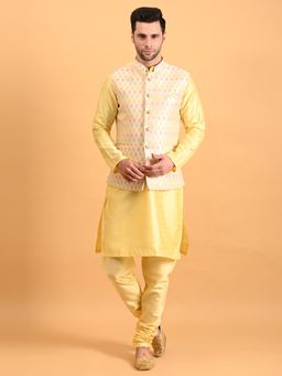 Uri and MacKenzie - Men Yellow Silk Kurta and Pyjama with Nehru Jacket