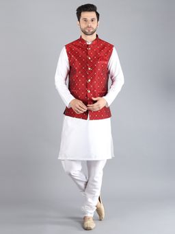 Uri and MacKenzie - Men Red Silk Kurta and Pyjama with Nehru Jacket