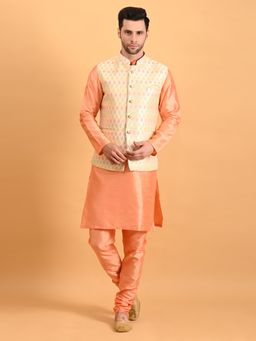 Uri and MacKenzie - Men Peach Silk Kurta and Pyjama with Nehru Jacket