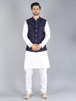Uri and MacKenzie - Men Navy Blue Silk Kurta and Pyjama with Nehru Jacket