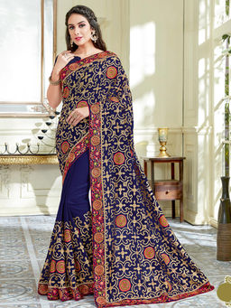 Odette - Navy Blue Georgette Designer Saree with Unstitched Blouse