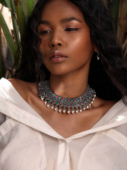 Indya - Oxidized Pink Green Stone Short Necklace Earrings Set (Set of 2)