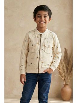 Lagorii - Cream Printed Full-Sleeve Front Zip Jacket