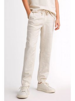 Lagorii - White Linen Straight-Fit Elastic Waist Pant
