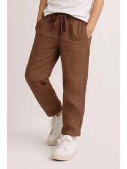 Lagorii - Brown Linen Straight-Fit Elastic Waist Pant