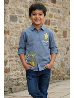 Lagorii - Slate Blue Printed Cotton Nature Motif Shirt