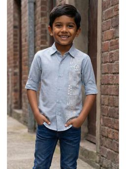 Lagorii - Sky Blue Thread work Tribal Stripe Design Shirt