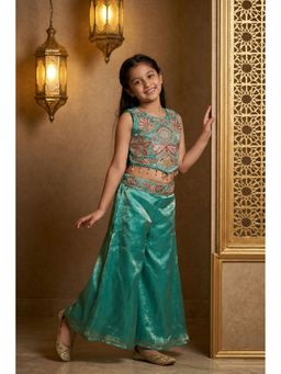 Lagorii - Sea Green Sequins Work With Thread Embroidery Top with Palazzo