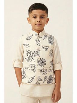 Lagorii - Cream Leaf Print Mandarin Collar Waistcoat with Shirt