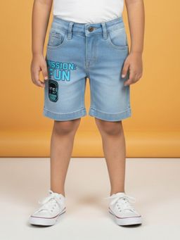 KiddoPanti - Boys Denim Gamer Crew Applique and Mission Fun Printed Shorts