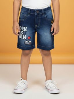 KiddoPanti - Boys Denim Woven Winner Applique and Born to Win Printed Shorts
