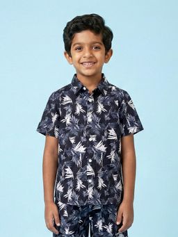 KiddoPanti - Boys Navy Blue Cotton Woven Half Sleeves Printed Shirt