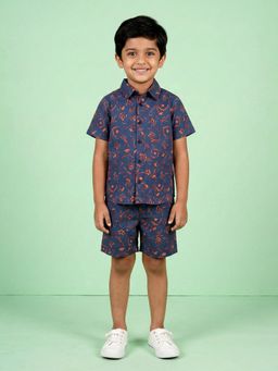 KiddoPanti - Navy Blue Boys Half Sleeve Printed Co-Ord Set