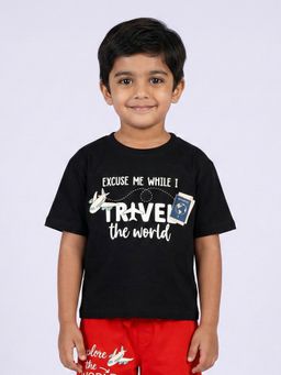 KiddoPanti - Boys Cotton Graphic Printed Round Neck Drop Shoulder T-shirt With Badges