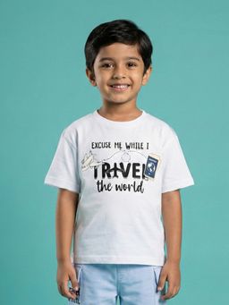 KiddoPanti - Boys Cotton Graphic Printed Round Neck Drop Shoulder T-shirt With Badges