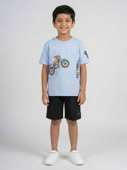 KiddoPanti - Boys Cotton Drop Shoulder Bike Graphic Printed T-shirt With Shorts