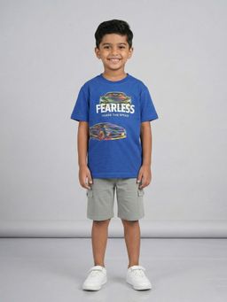 KiddoPanti - Boys Cotton Fearless Car Graphic Printed T-shirt With Cargo Shorts