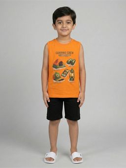 KiddoPanti - Boys Cotton Camping Crew Graphic Printed T-Shirt With Cargo Shorts
