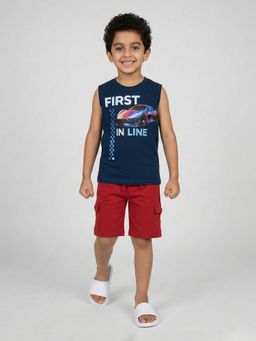 KiddoPanti - Boys Cotton First In Line Sports Car Printed T-Shirt With Cargo Shorts
