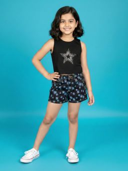 KiddoPanti - Girls Cotton Stone Star Applique Racerback Crop T-Shirt With Denim Shorts