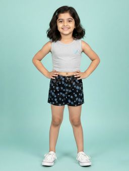KiddoPanti - Girls Cotton Stone Heart Applique Racerback Crop T-Shirt With Denim Shorts