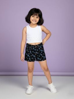 KiddoPanti - Girls Cotton Stone Applique Racerback Rib Crop T-Shirt With Denim Shorts