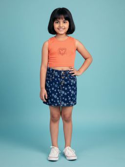 KiddoPanti - Girls Butterfly Applique Racerback Crop T-Shirt With Denim Skort