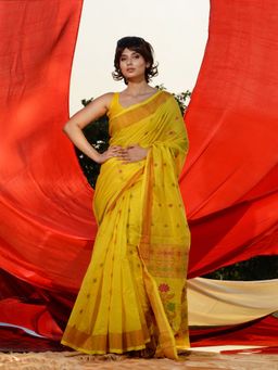 CHARUKRITI - Yellow Cotton Blend Handwoven Ethnic Motifs and Floral Pallu Saree with Unstitched Blouse